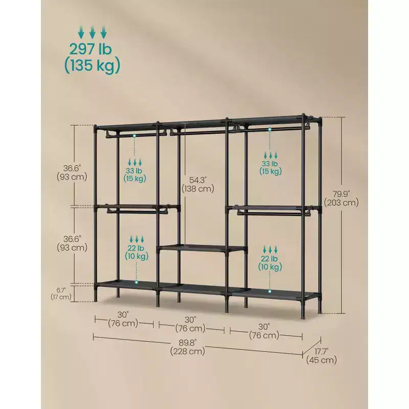 SONGMICS Appendiabiti, Organizzatore per Armadio Robusto con Barre Appendabiti e Ripiani, Carico Totale 135 kg, Montaggio Facile, Nero Inchiostro
