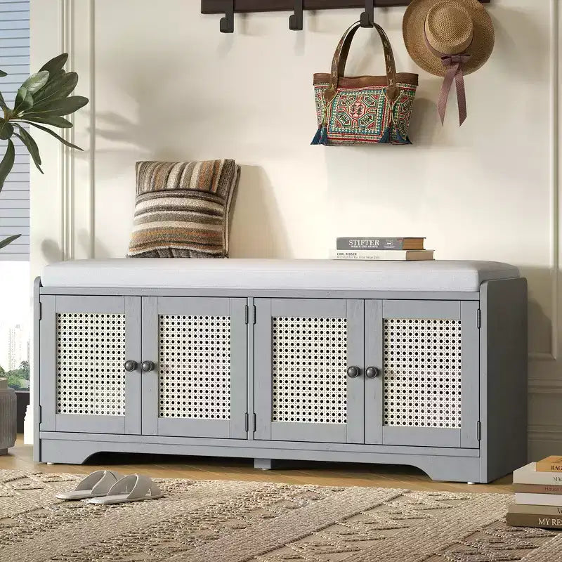 Banc de rangement rustique en bois Whisen, banc à chaussures d'entrée avec coussin amovible, étagères réglables