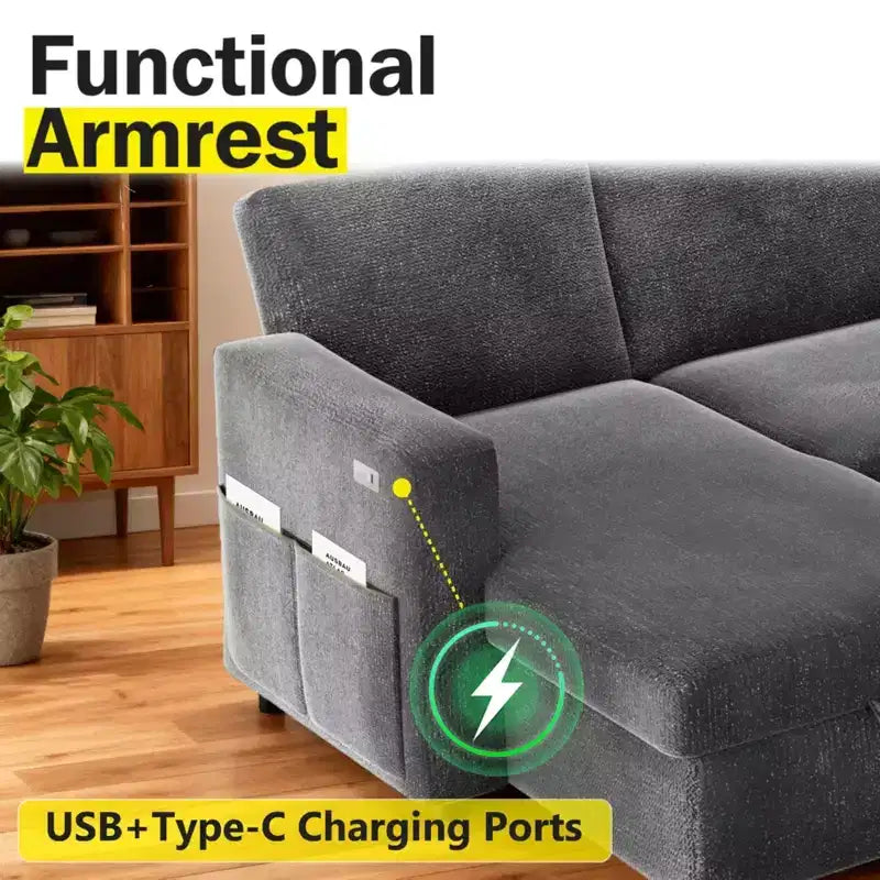 Divano Letto Estraibile 2 in 1 con Chaise Longue Contenitore, Divano Componibile in Ciniglia con Porte USB per Soggiorno