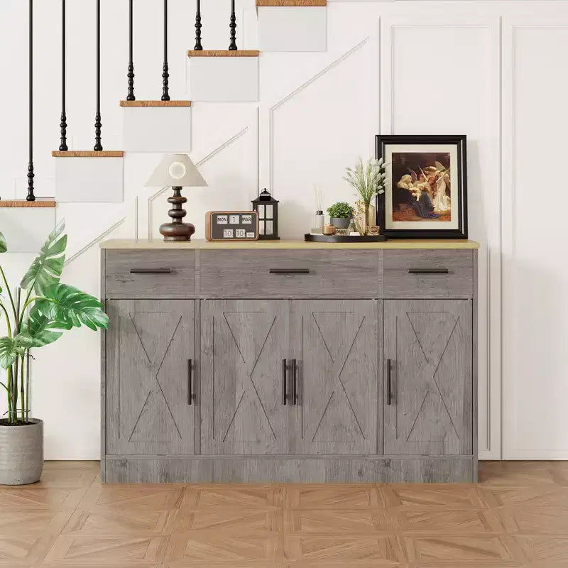 Buffet de cuisine Celebalcony avec rangement, grand buffet de cuisine de 135,6 cm avec 3 tiroirs et 4 portes, étagère réglable pour cuisine, salon