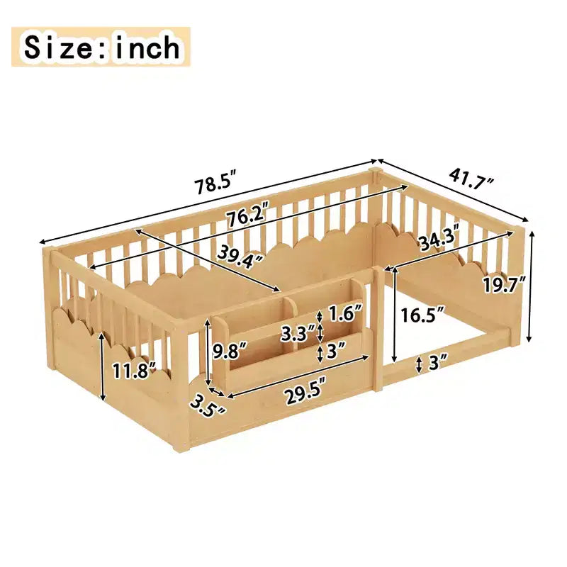 Letto a terra per bambini Bellemave con recinzione rialzata e libreria, struttura letto matrimoniale in legno Montessori per bambine e bambini
