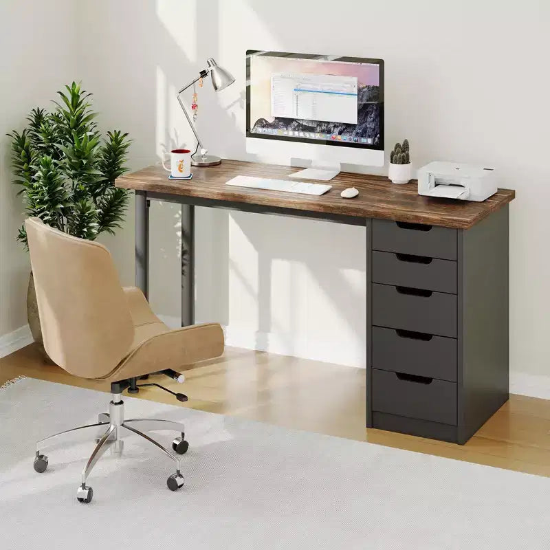 Scrivania per computer da 47 pollici con 5 cassetti, tavolo da studio/scrittura moderno rustico reversibile, workstation per ufficio domestico per piccoli spazi