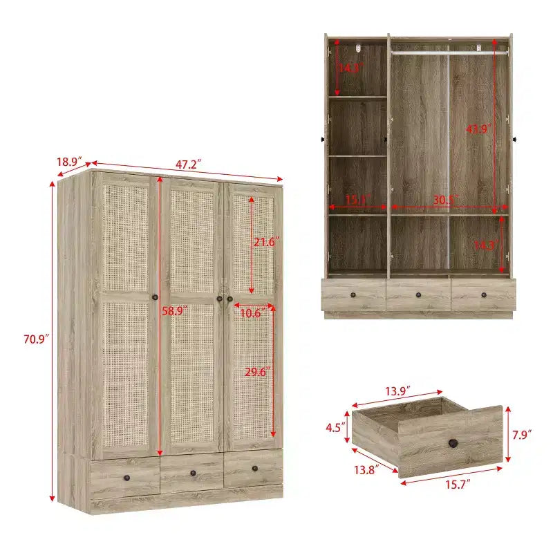 Famapy Armadio in Rattan con 3 Cassetti, Armadio con 3 Ante Traspiranti in Rattan, Armadio Alto in Stile Rustico per Camera da Letto