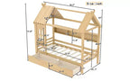 Letto a piattaforma a forma di casa con cassetti contenitori e finestra, struttura in legno massello con mensole, design giocoso per bambini, bianco chiaro