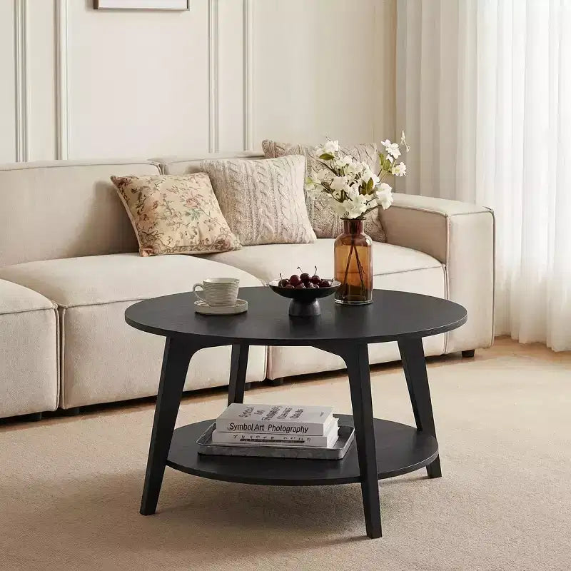 Tavolino rotondo color miele con 2 ripiani, misure 80 x 45 cm, ideale per il soggiorno