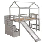 Letto a soppalco a castello con scivolo e scale, letto a soppalco con cassetti contenitori, letto a soppalco in legno a capanna per bambini e neonati