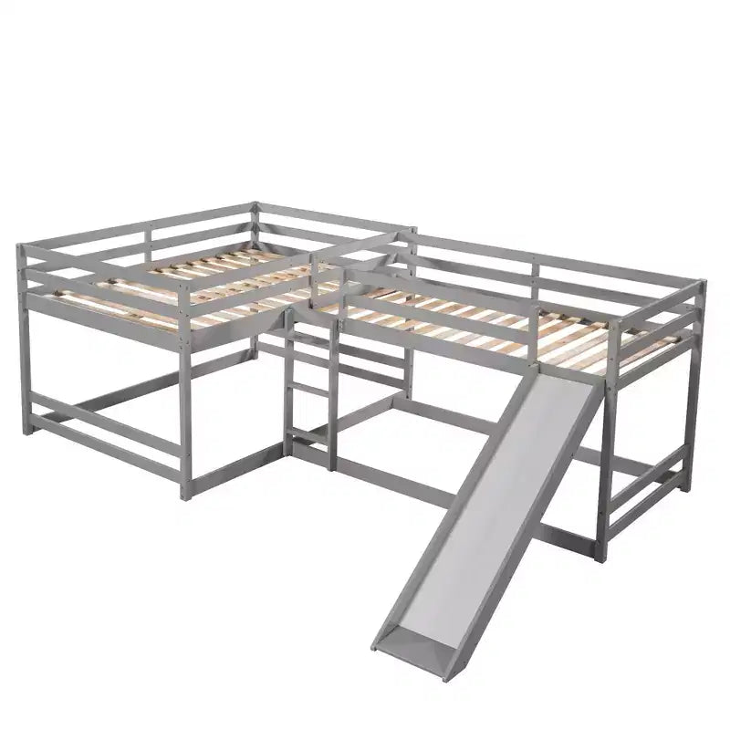 Letto a castello a L per 4 bambini, letto a castello quadruplo con scivolo, struttura in legno full e twin per cameretta dormitorio
