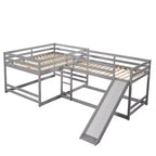 Letto a castello a L per 4 bambini, letto a castello quadruplo con scivolo, struttura in legno full e twin per cameretta dormitorio