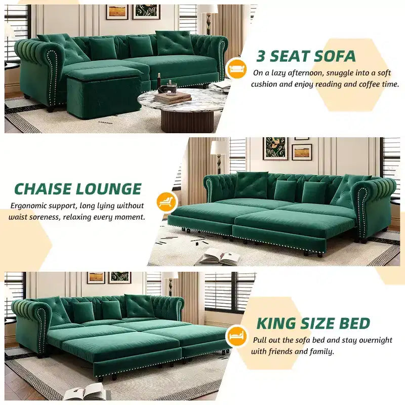 Divano Letto Estraibile 3-in-1 King Size in Velluto Whisen e Divano Letto Convertibile con Ottomana Mobile, Design Trapuntato
