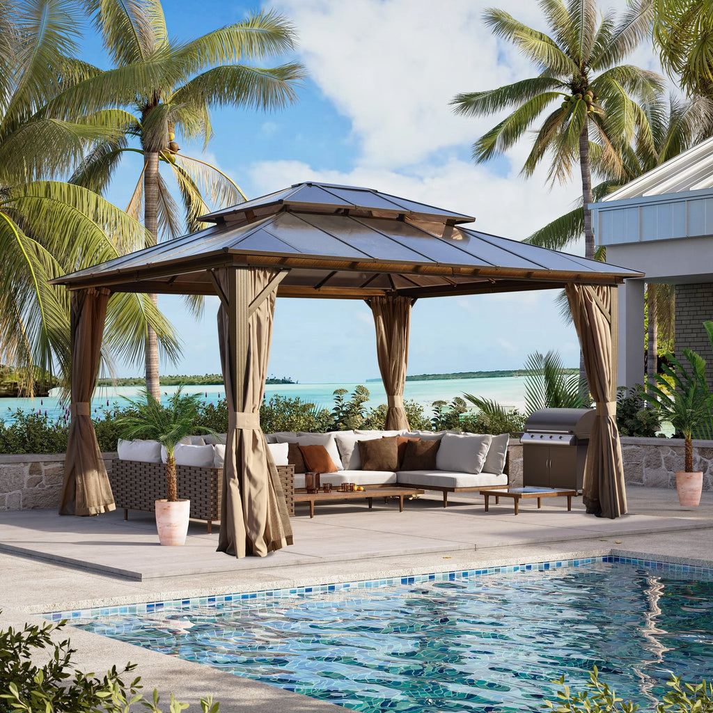 EROMMY Gazebo a tetto rigido, Pergola da esterno con doppio tetto, zanzariere e tende, Tenda da sole resistente per patio, cortile, feste in piscina