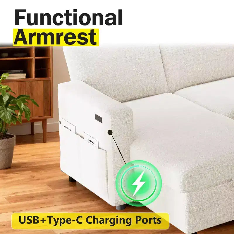 Dyonery Divano Letto Angolare 81, Divano Estraibile a L con Chaise Longue Reversibile con Contenitore, USB, Schienale Reclinabile
