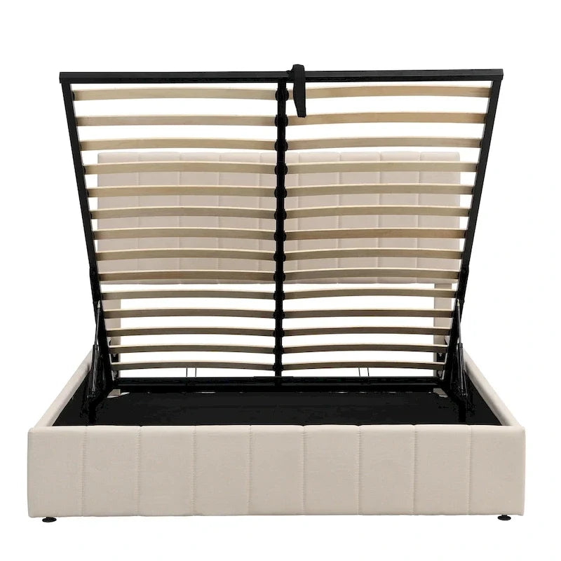Letto imbottito Queen size con sistema di sollevamento idraulico e vano contenitore - Beige