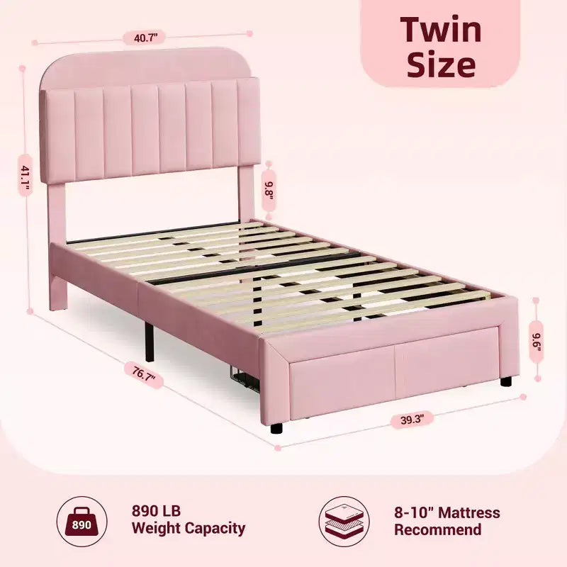 Struttura Letto Singolo (2 pz) con Cassetti Contenitori e Testiera, Rivestito in Velluto, Basso Profilo, Silenzioso, Facile da Montare, Rosa