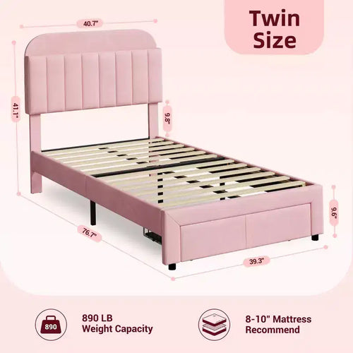 Struttura Letto Singolo (2 pz) con Cassetti Contenitori e Testiera, Rivestito in Velluto, Basso Profilo, Silenzioso, Facile da Montare, Rosa