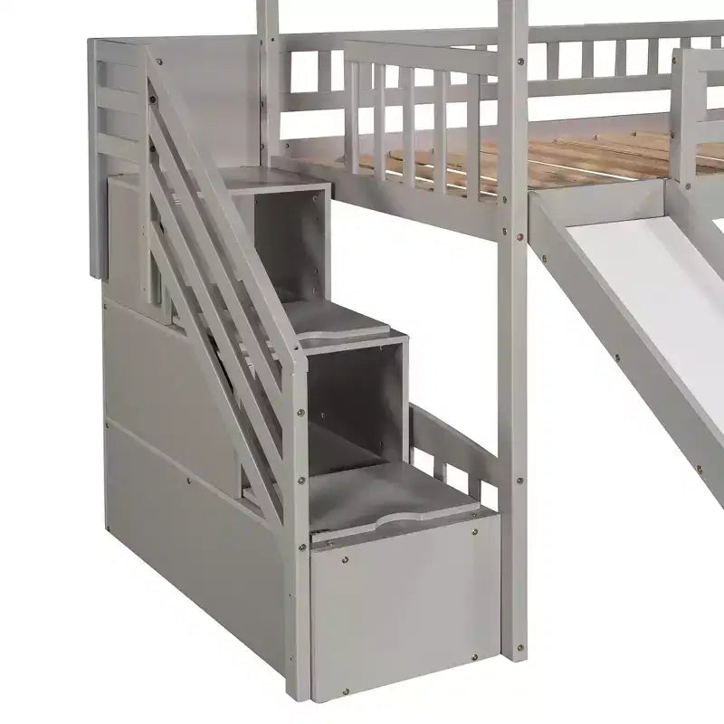 Letto a soppalco a castello con scivolo e scale, letto a soppalco con cassetti contenitori, letto a soppalco in legno a capanna per bambini e neonati