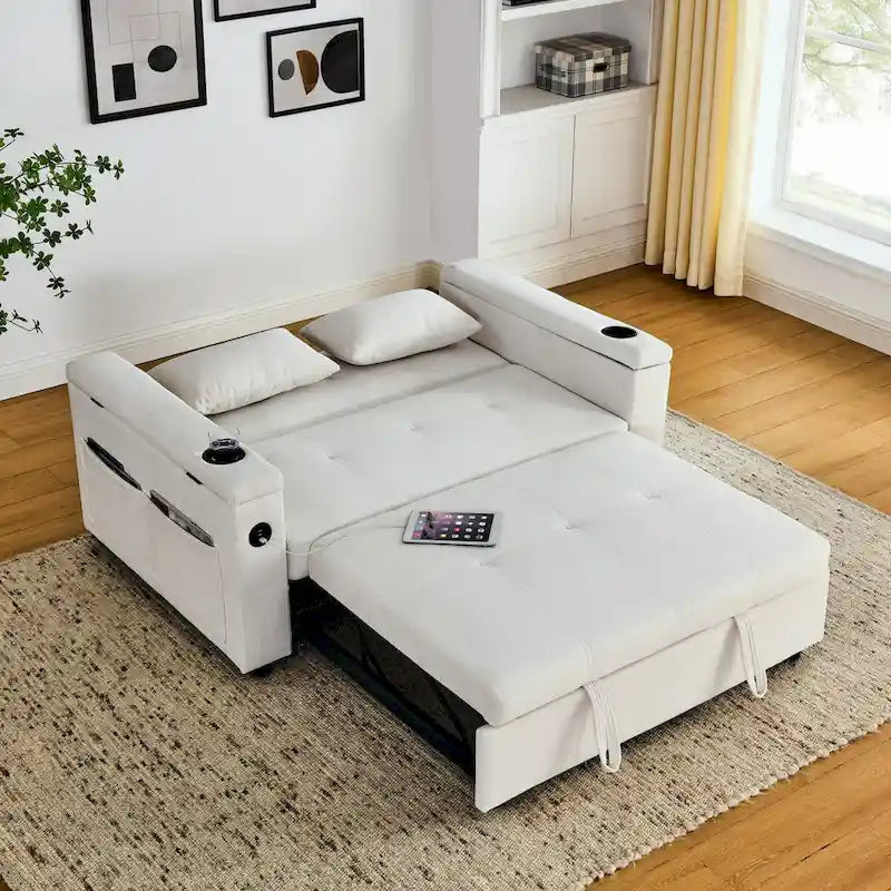 Divano Letto Estraibile 54", Divano Reclinabile 2 Posti con Contenitore, Cuscino Lombare, Presa USB