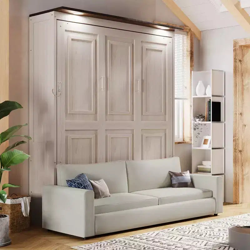 Letto a scomparsa Queen Size con divano, letto a scomparsa in legno Queen con luce LED, letto a cassapanca pieghevole con per camera degli ospiti, Beige