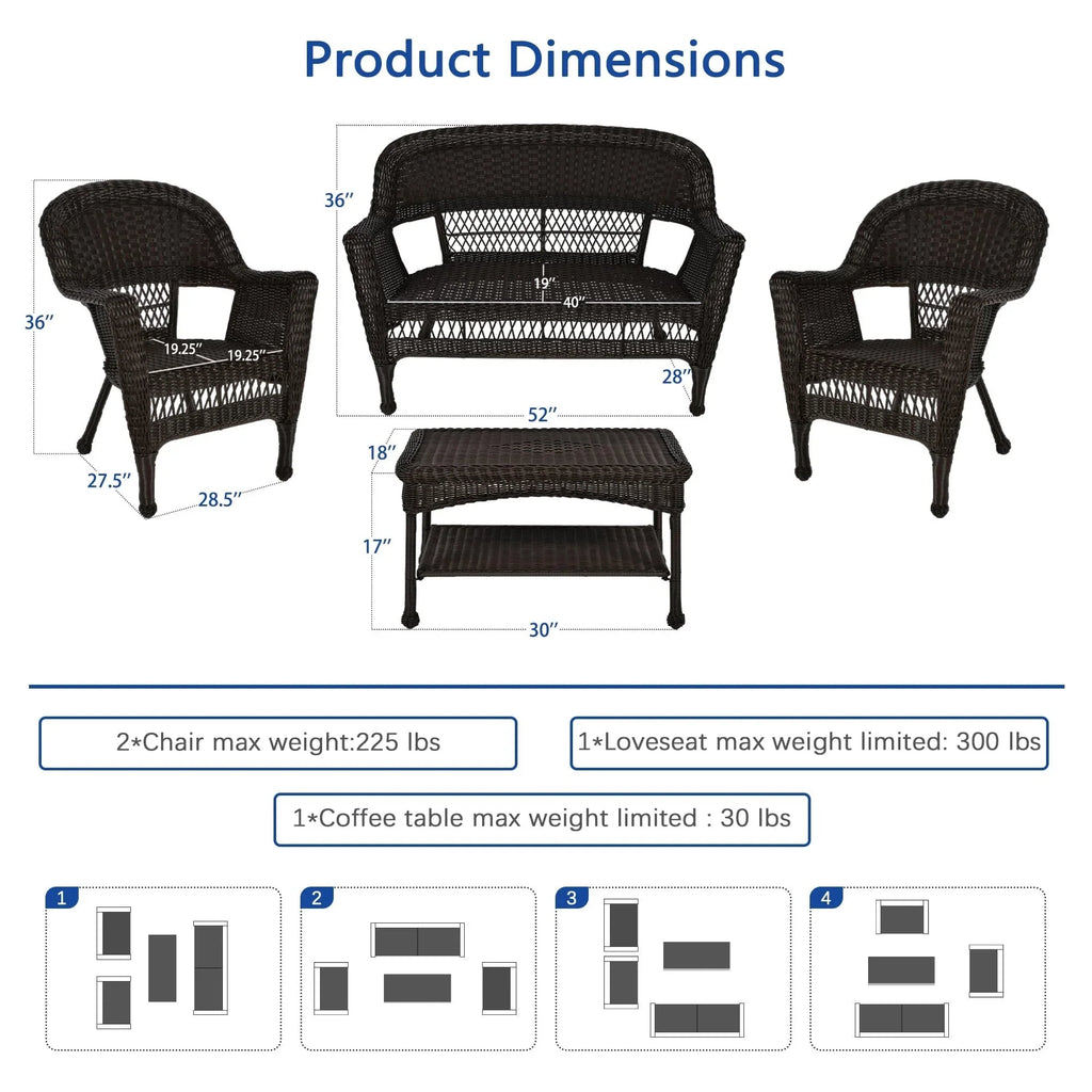 Set da conversazione da 4 pezzi per patio in vimini
