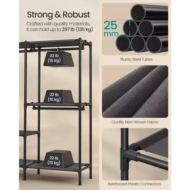SONGMICS Appendiabiti, Organizzatore per Armadio Robusto con Barre Appendabiti e Ripiani, Carico Totale 135 kg, Montaggio Facile, Nero Inchiostro