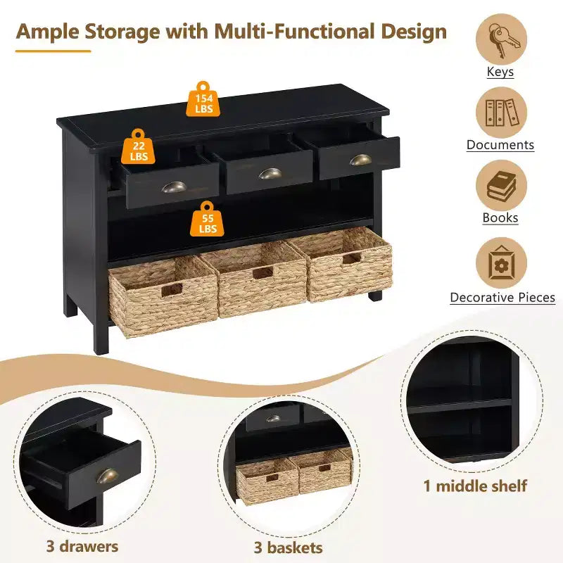 Consolle da Ingresso con Contenitore, Tavolo da Ingresso Stile Rustico con 3 Cassetti e 3 Cesti in Giacinto d'Acqua per Soggiorno o Ingresso - Panipeachy