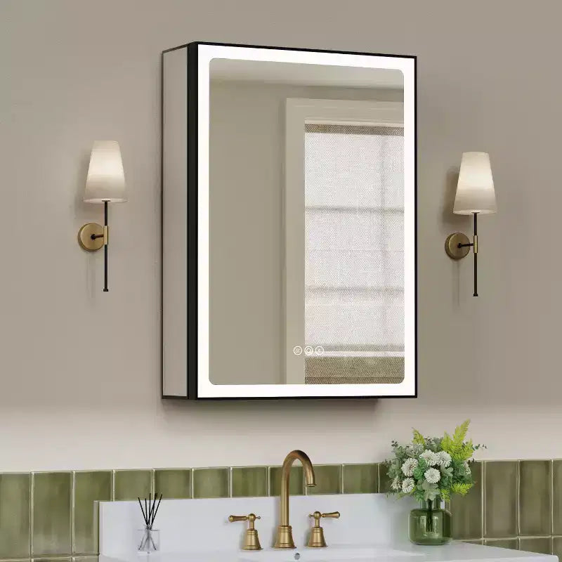 Pensile da Bagno con Specchio LED, Montaggio a Superficie o Incasso, Luce Dimmerabile, Antiappannamento, Ripiani Regolabili