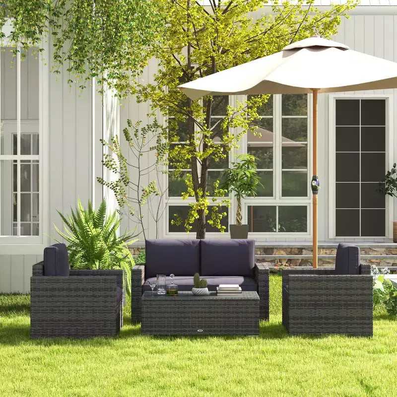 Set Divano in Rattan da 4 Pezzi, Set Divani da Esterno in Vimini con Divanetto Sedie Tavolino con Piano in Vetro per Giardino