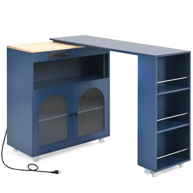 Isola da Cucina con Ruote e 2 Ante in Vetro, Carrello da Cucina con Tavolo Estensibile e Prese di Corrente, Isola da Cucina con Ripiani Laterali Aperti