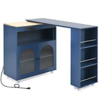 Isola da Cucina con Ruote e 2 Ante in Vetro, Carrello da Cucina con Tavolo Estensibile e Prese di Corrente, Isola da Cucina con Ripiani Laterali Aperti