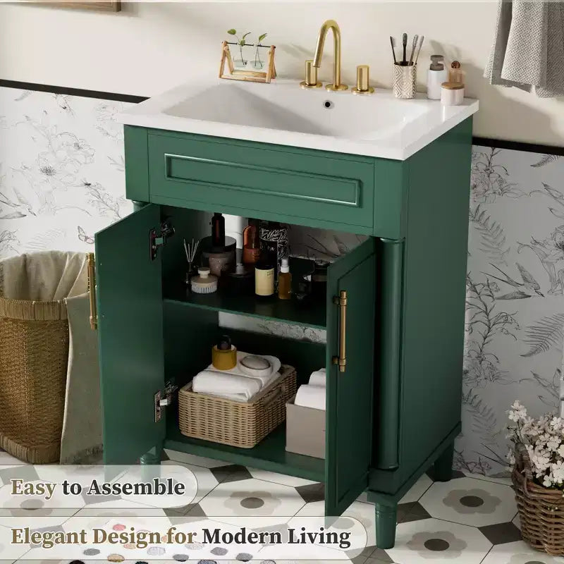 Mobiletto da bagno 61 cm con lavabo in ceramica, mobile stile shaker, 2 ante con chiusura ammortizzata, struttura in legno massello per bagno piccolo o bagno di servizio