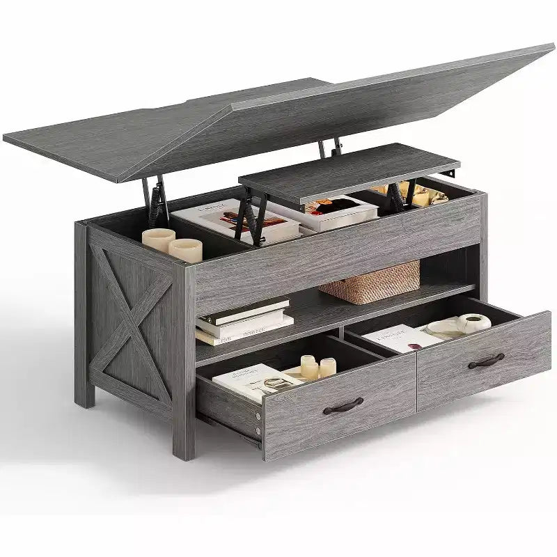Tavolino da caffè sollevabile con spazio di archiviazione, tavolino da caffè in stile rustico, tavolino da caffè con due cassetti, tavolino da caffè per soggiorno e ufficio