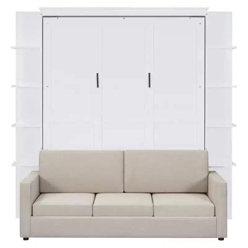 Letto a muro a scomparsa Whisen Modern Design con struttura in legno, Queen Size, con divano e mensole