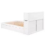 Letto matrimoniale con contenitore, rotelle estraibili, testiera libreria e stazione di ricarica, struttura letto in legno matrimoniale con mensole e cassetti