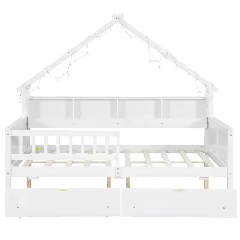 Struttura letto a casetta a grandezza naturale con cassetti, letto a piattaforma a casetta con luci LED, mensole e cassetti portaoggetti, divano letto in legno con tetto e sponda