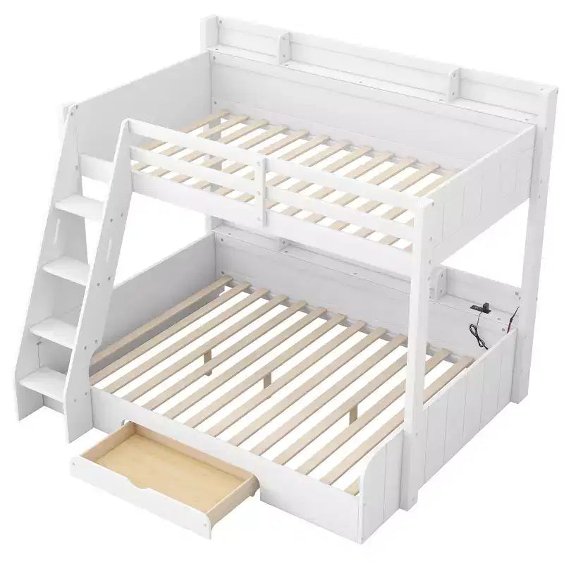 Letto a Castello con Letto Matrimoniale a Una Piazza e Mezza, con Contenitore, Luci a LED e Stazione di Ricarica, Letto a Castello in Legno con Scaffali Laterali per Bambini e Ragazzi