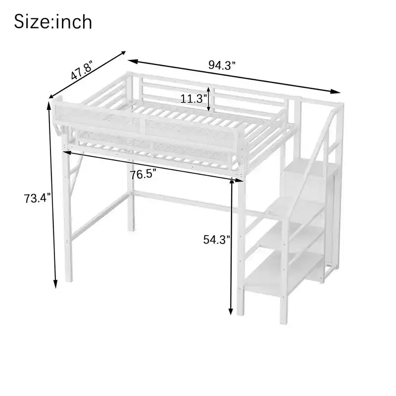 Okak 94IN Letto a soppalco singolo con armadio, letto singolo con ripiani portaoggetti e cestino, telaio letto per camera da letto, dormitorio