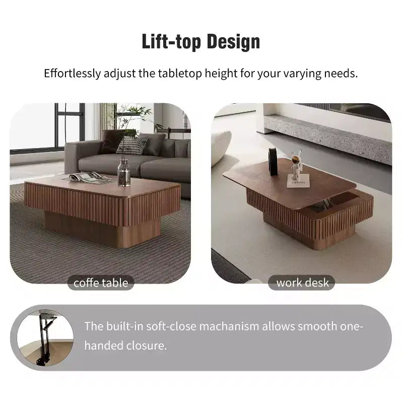JVNOXK 38.6'' Tavolino da caffè con piano sollevabile e scanalature, con spazio contenitivo, impiallacciatura in legno massello, altezza regolabile, tavolino moderno per soggiorno, camera da letto, noce