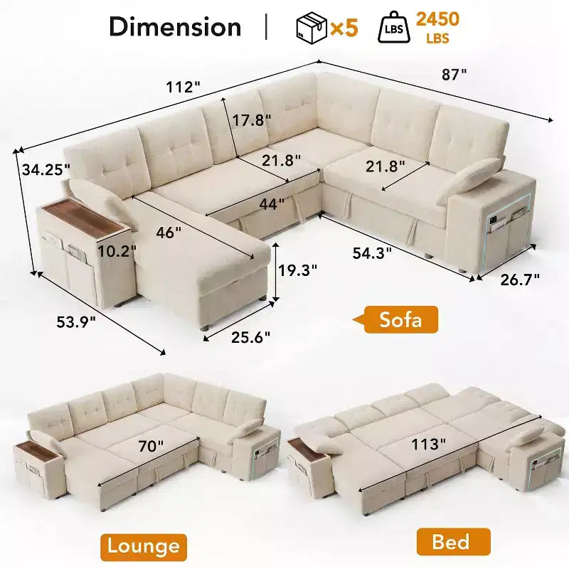 Divano letto componibile modulare Dyonery 112 con letto estraibile, divano componibile a U con contenitore, divani con seduta extra ampia e profonda per soggiorno