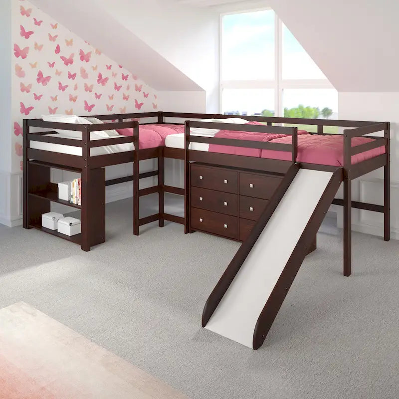 Set camera da letto a soppalco con scivolo a L, doppia matrimoniale, color cappuccino scuro