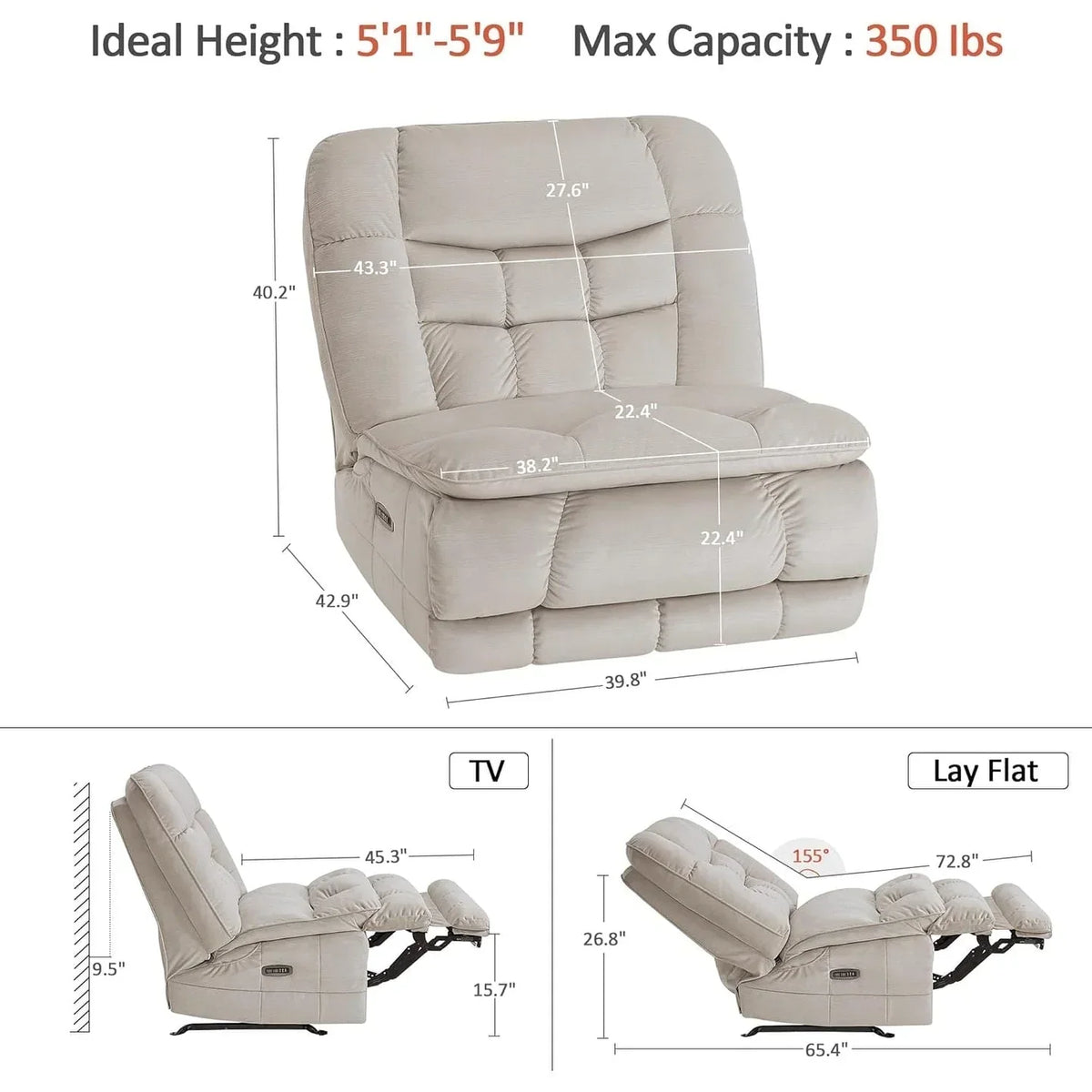MCombo Poltrona Reclinabile Basculante Elettrica Oversize senza Braccioli con Doppio Motore, Reclinabile Zeroarms Perfetta per Soggiorno in Tessuto PR607