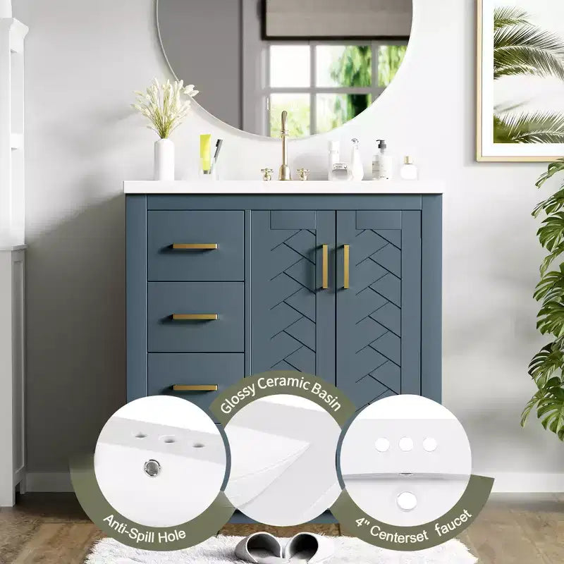 Mobile bagno 30 pollici con lavabo singolo, armadietto e 3 cassetti – Nero / Blu / Verde / Indaco / Bianco