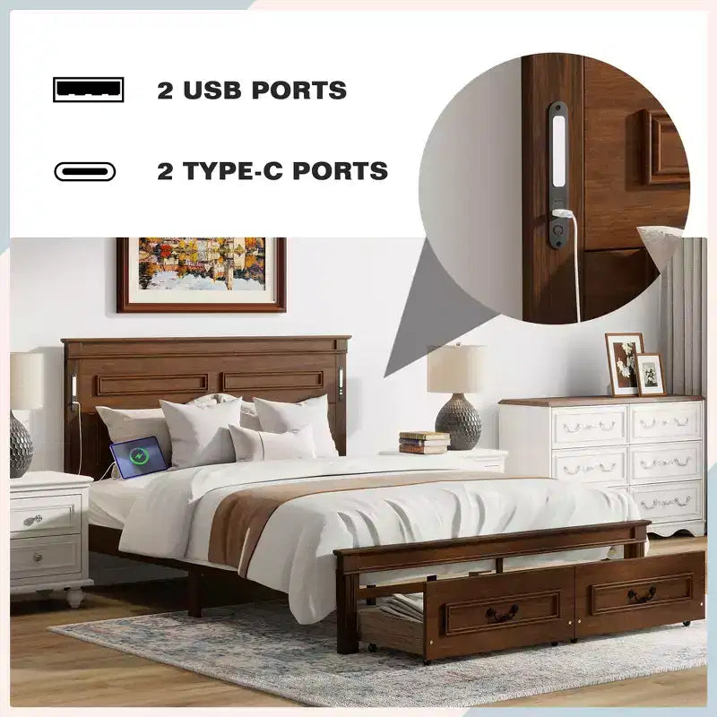 ModernLuxe Letto a Piattaforma Queen/King Size con Testiera Alta, Struttura Letto Rustica in Legno con 2 Cassetti, Luci LED e Porte USB
