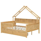 Struttura letto a casetta a grandezza naturale con cassetti, letto a piattaforma a casetta con luci LED, mensole e cassetti portaoggetti, divano letto in legno con tetto e sponda