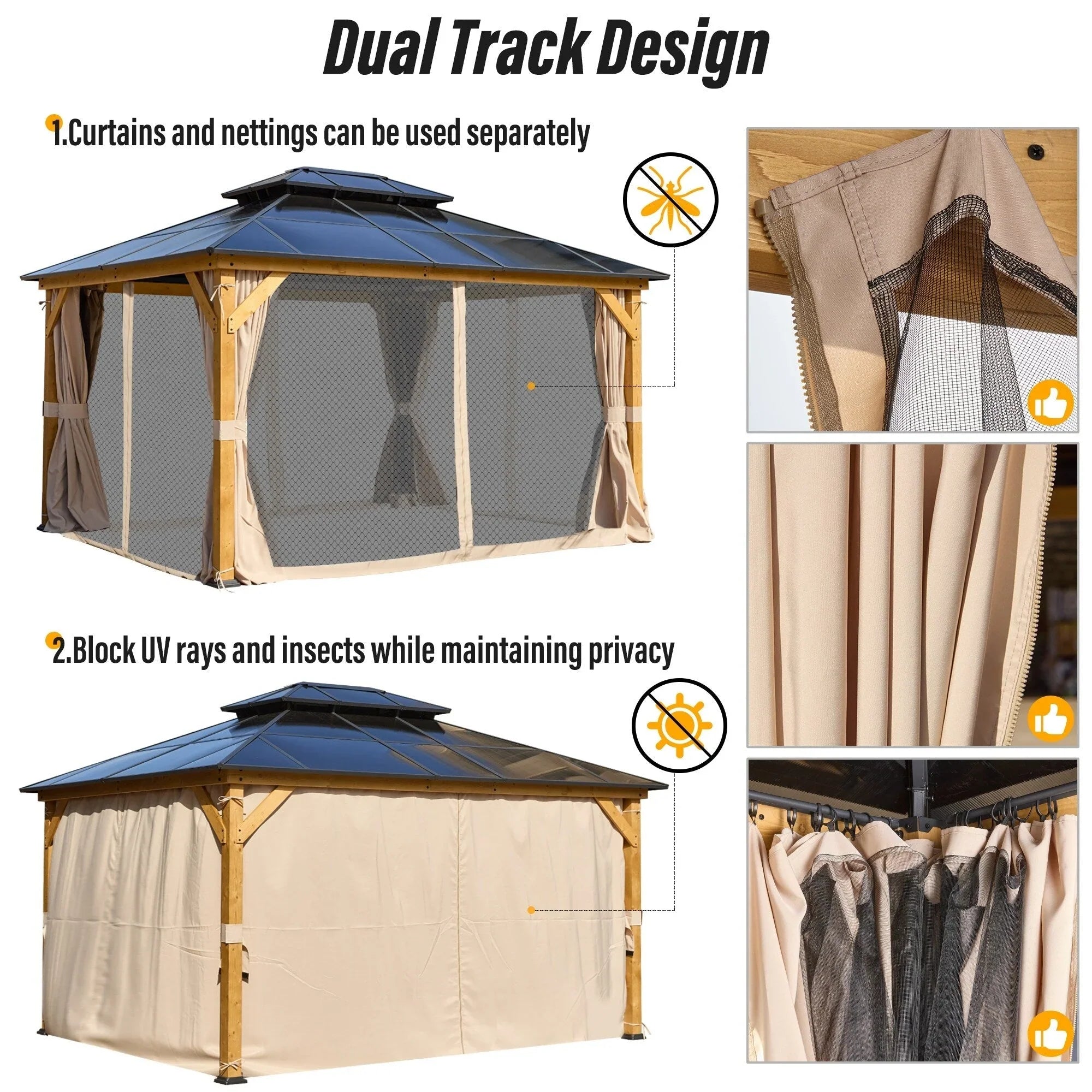 EROMMY Gazebo a tetto rigido, Pergola da esterno con doppio tetto, zanzariere e tende, Tenda da sole resistente per patio, cortile, feste in piscina