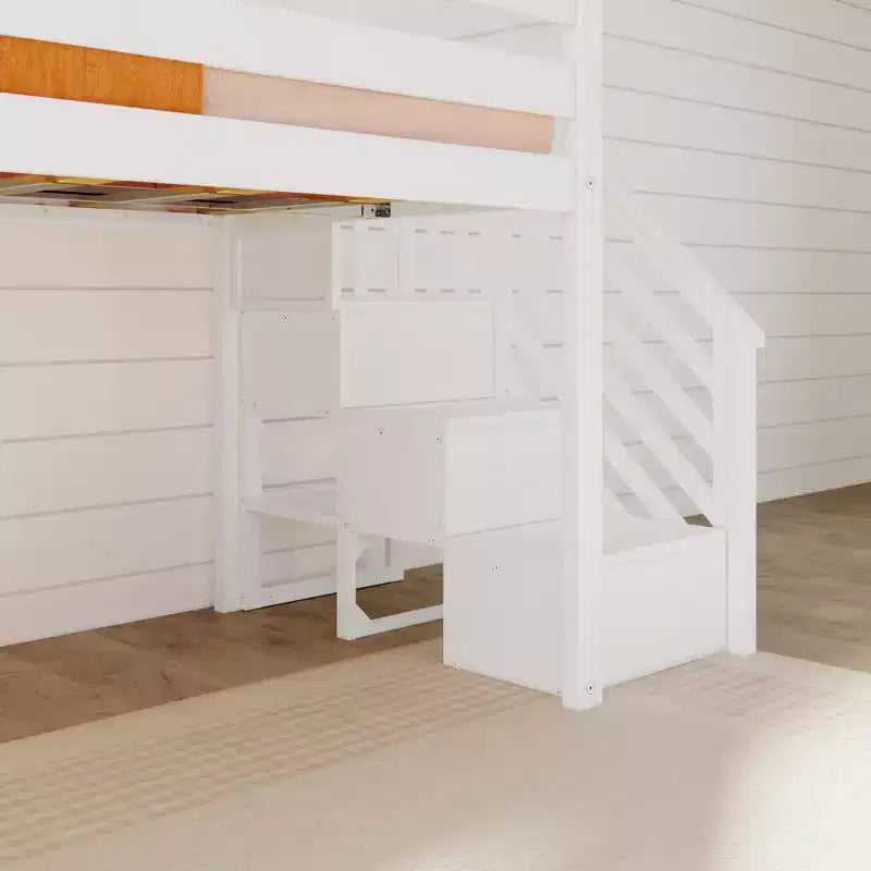 Letto a soppalco basso per bambini con scivolo e scale, in legno massiccio, 14 sponde protettive, capacità 180 kg