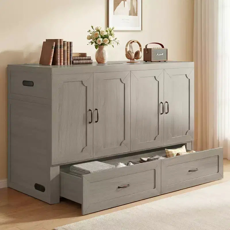 Mjkone Letto a Scomparsa Convertibile Matrimoniale Queen Size con Ricarica USB, Cassetti Contenitori, Materasso Escluso