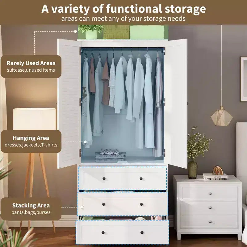 COZONY Armadio Guardaroba con 3 Cassetti e 2 Ante, Armadio Moderno in Legno per Camera da Letto, Armadio Alto Bianco Resistente