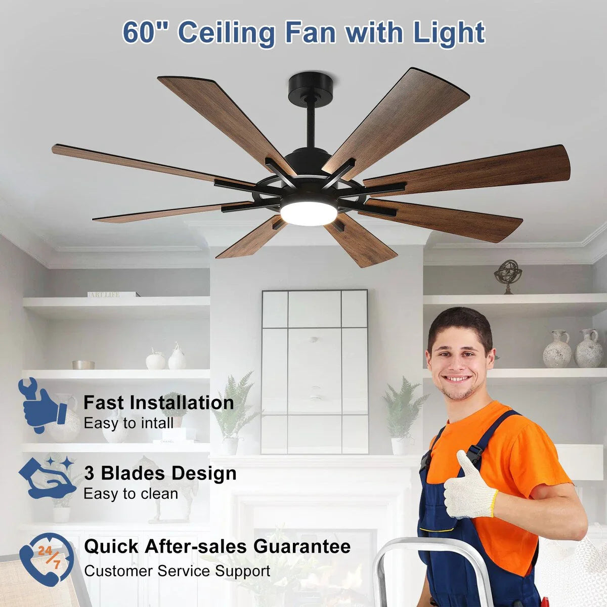Ventilatore da soffitto con luci telecomandato e 8 grandi pale in legno
