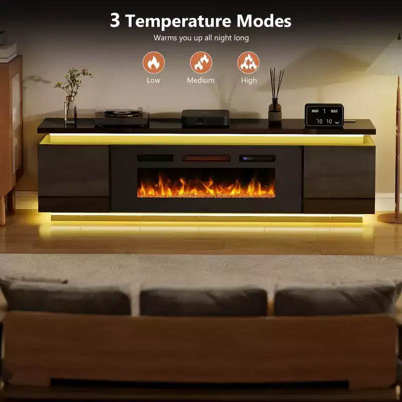 Mobile TV Skyzoo con camino elettrico per TV fino a 80" con luci a LED e 4 prese CA, console TV per soggiorno
