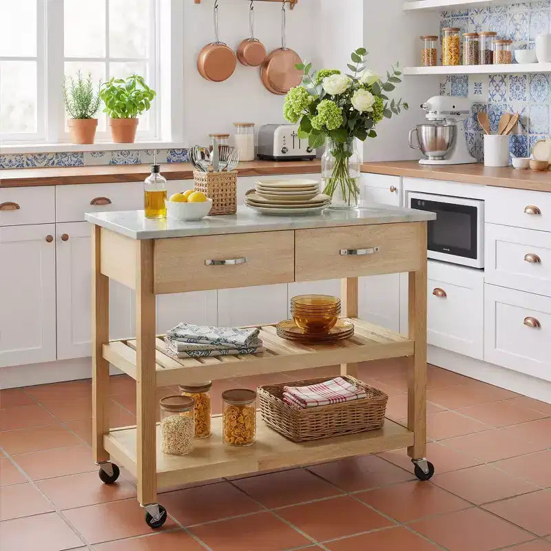 Carrello da Cucina su Ruote con Piano in Marmo, Isola da Cucina in Legno Massello con 2 Cassetti, Carrello da Cucina a 3 Livelli con Ruote Staccabili Bloccabili e Portasciugamani