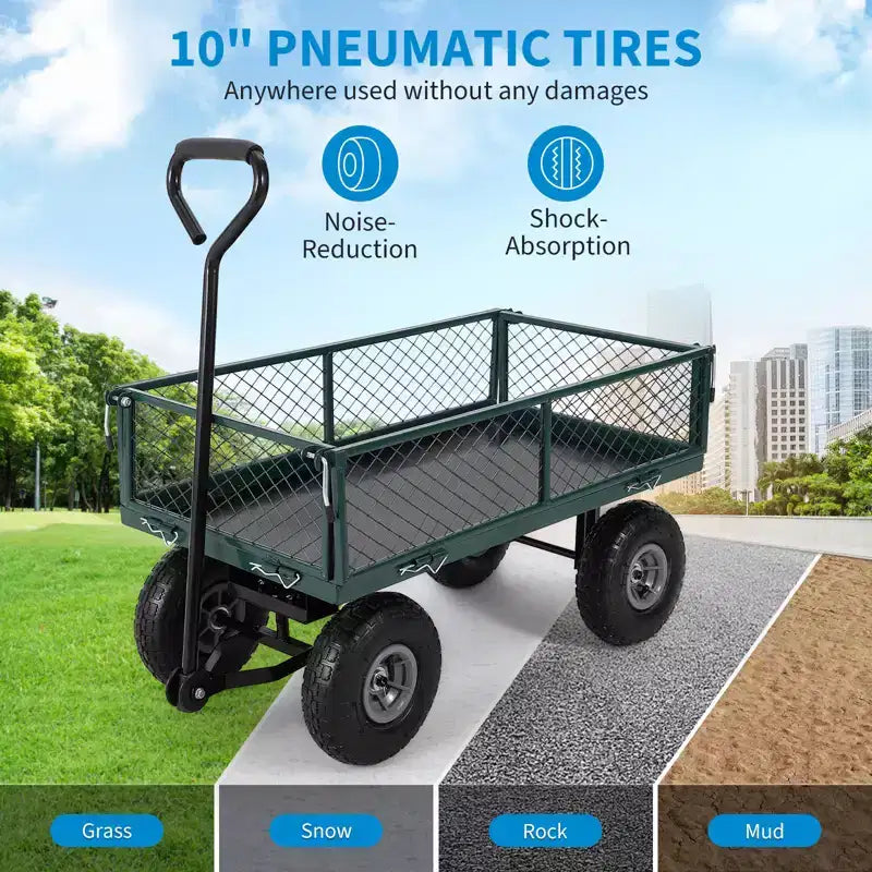 Carrello da Giardino in Acciaio Pesante, 227 kg, Carrello Pieghevole con Sponde in Rete Rimovibili e Rivestimento, Pneumatici da 10 Pollici, Maniglia di Trazione